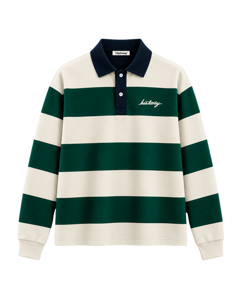 THE HERITAGE LONG SLEEVE POLO — NAVY / IVORY / FOREST