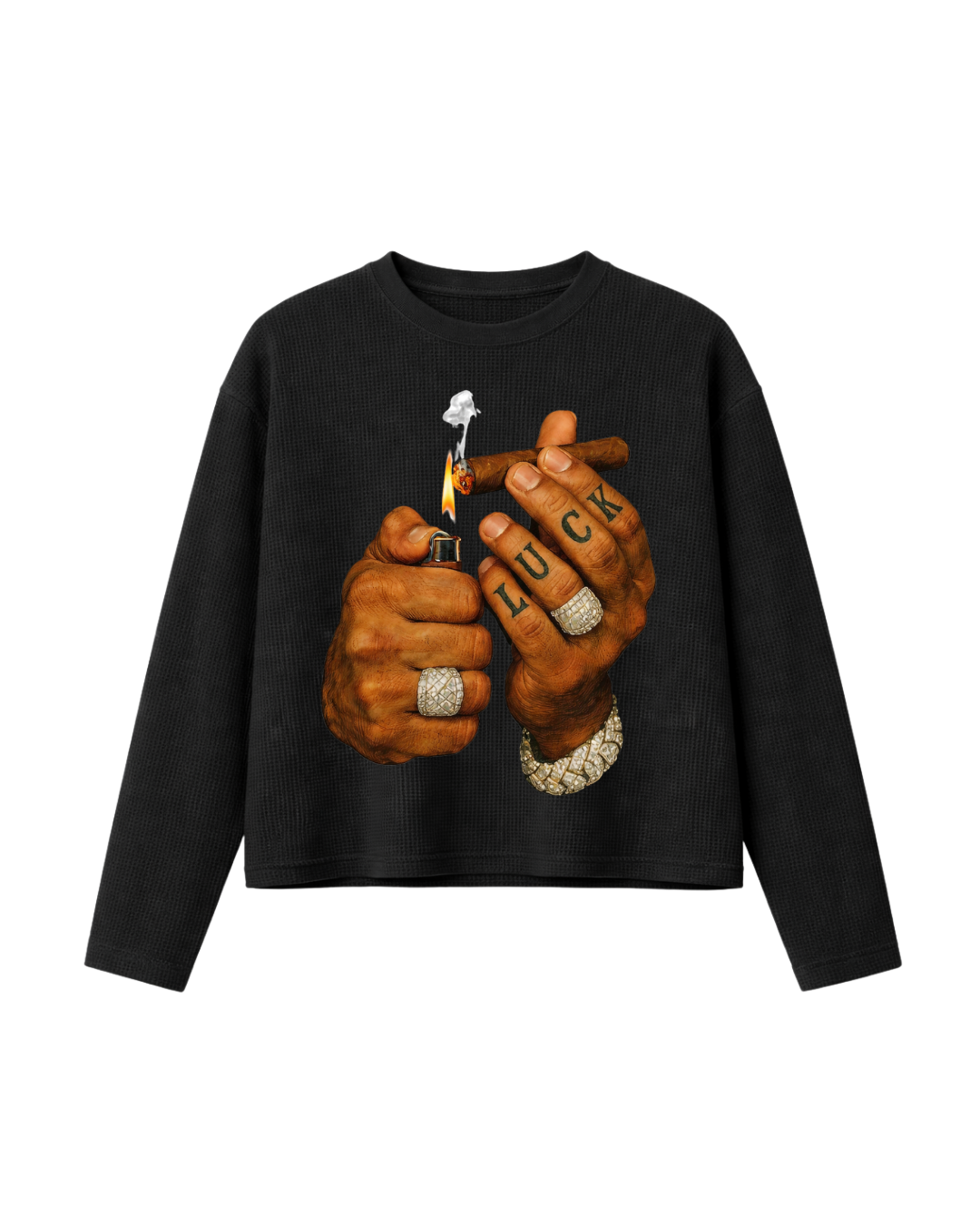 HASHWAY 'FLAME FORTUNE' WAFFLE T-SHIRT - BLACK