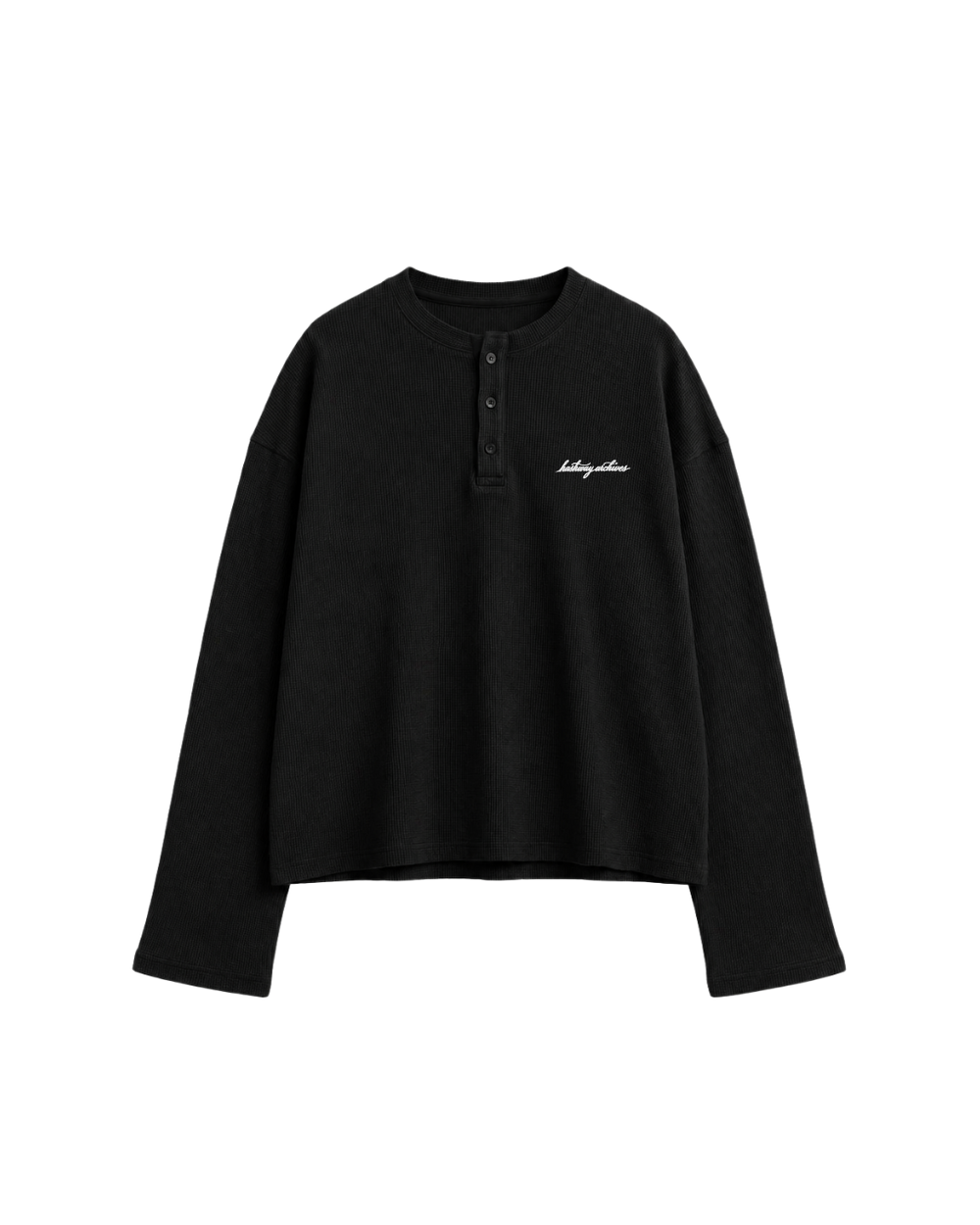 HASHWAY ARCHIVES EMBROIDERED HENLEY WAFFLE T-SHIRT - BLACK