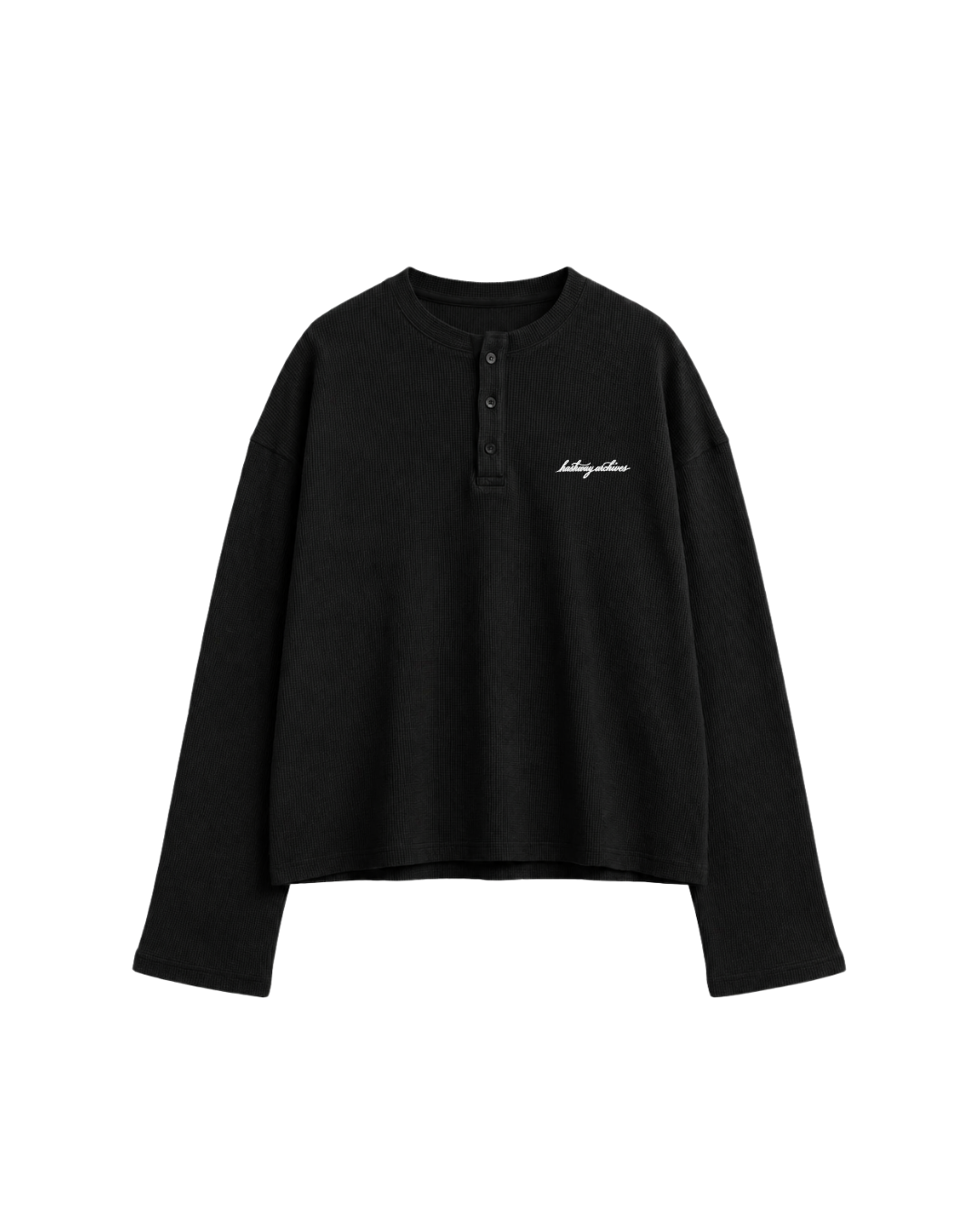 HASHWAY ARCHIVES EMBROIDERED HENLEY WAFFLE T-SHIRT - BLACK