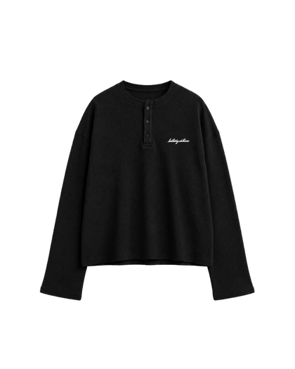 HASHWAY ARCHIVES EMBROIDERED HENLEY WAFFLE T-SHIRT - BLACK
