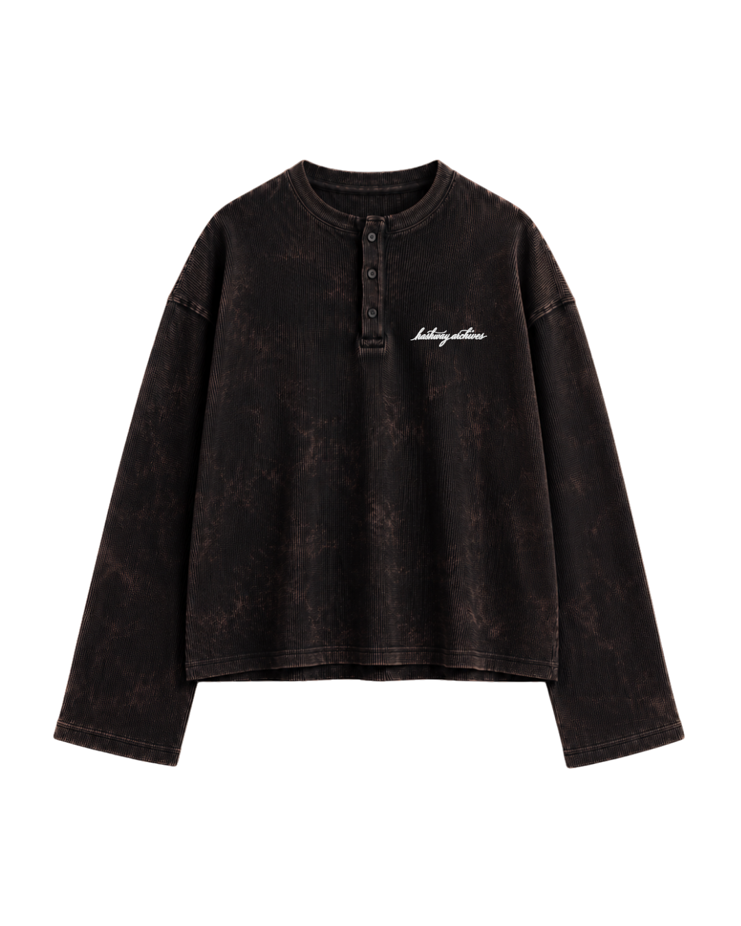 HASHWAY ARCHIVES EMBROIDERED HENLEY TEE - BROWN WASHED