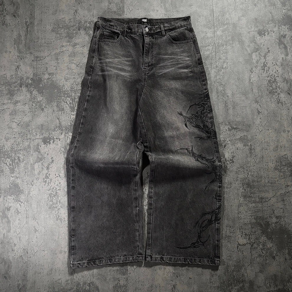 HASHWAY EMBROIDERED RAVEN WASHED DENIMS