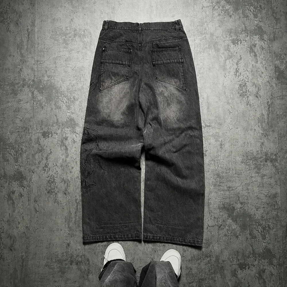 HASHWAY EMBROIDERED RAVEN WASHED DENIMS
